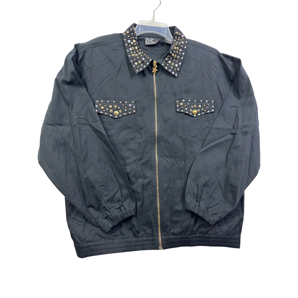 EVR Womens Black Studded Collar Zip Up Jacket‎ Star Charm Embellished Pockets XL